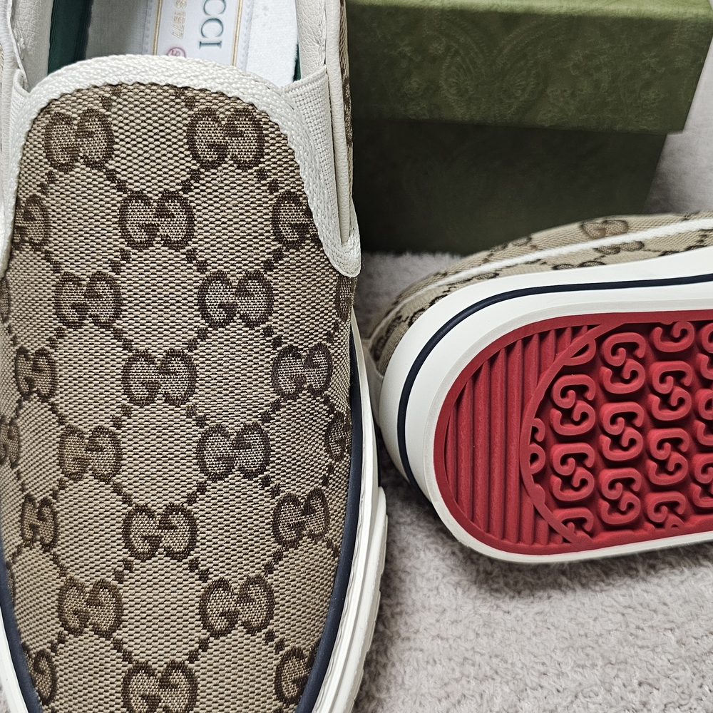 Gucci Tan Slip-On Sneakers with Red Sole